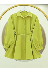 Parça Kumaşlı Düğmeli Poplin Tunik -Yağ Yeşili