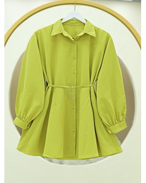 Parça Kumaşlı Düğmeli Poplin Tunik -Yağ Yeşili