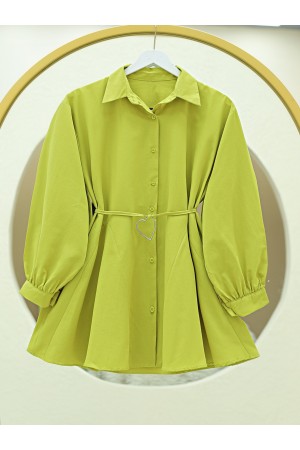 Parça Kumaşlı Düğmeli Poplin Tunik -Yağ Yeşili