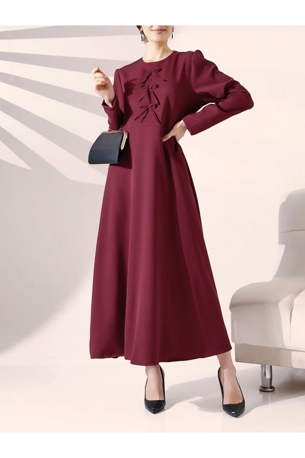 Ribbon Detailed Imported Crepe Dress -Maroon