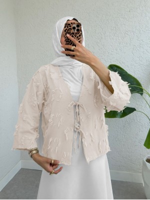 Tied Front Tassel Detailed Kimono -Stone