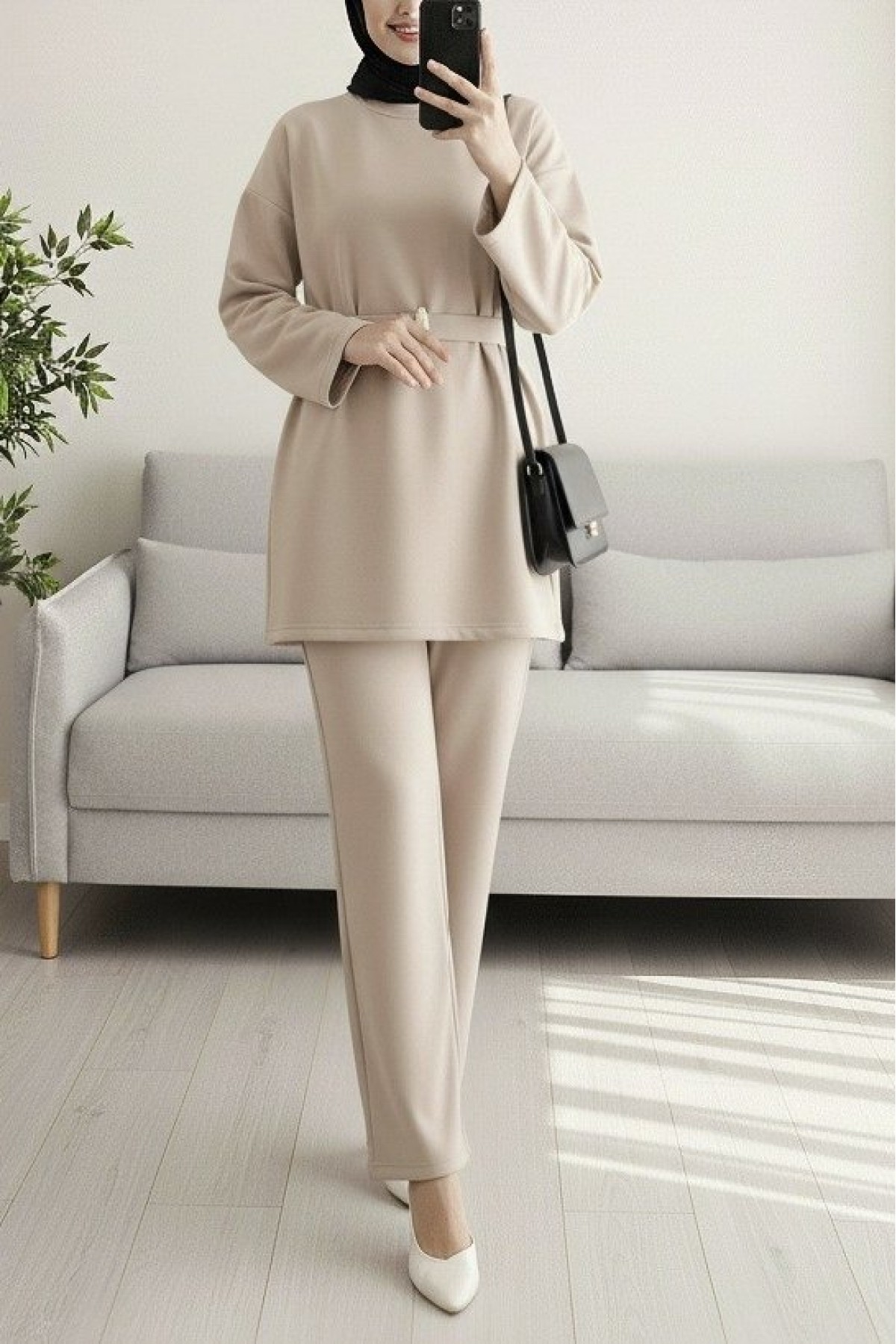 Round Neck Belted Scuba Suit - Beige