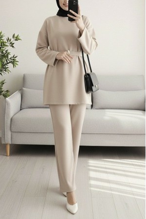 Yuvarlak Yaka Beli Kemerli Scuba Takım -Bej
