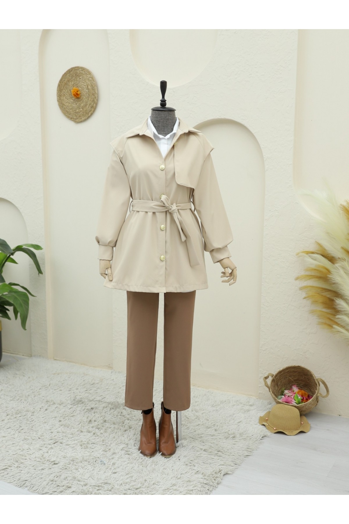 Double-Buttoned Belted Trench Coat with Brooch Buttons - Beige