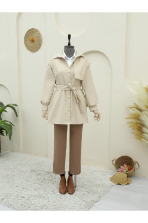 Broş Düğmeli Çift Düğmeli Kemerli Trençkot -Bej