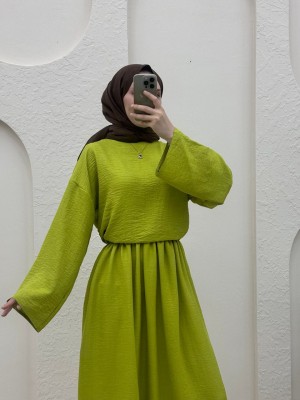 Bisiklet Yaka Bluz Etek Keten Takım -F.Yeşili