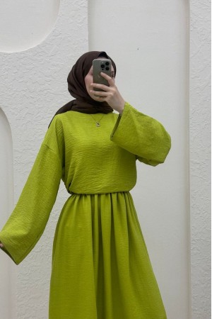 Crew Neck Blouse Skirt Linen Suit -PISTACHIO GREEN