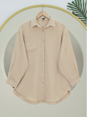 Tek Cepli Düğmeli Yakalı Krinkıl Gömlek -Bej