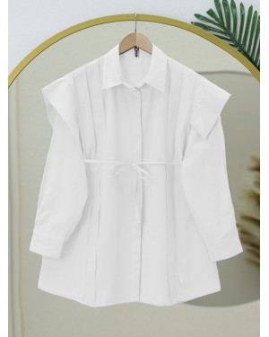 Poplin Shirt with Hidden Button Pleated Detail -White