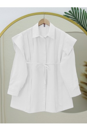Gizli Düğmeli Pilise Detaylı Poplin Gömlek -Beyaz