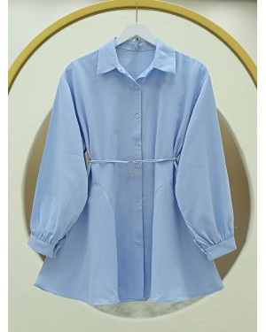 Parça Kumaşlı Düğmeli Poplin Tunik -Bebe Mavi