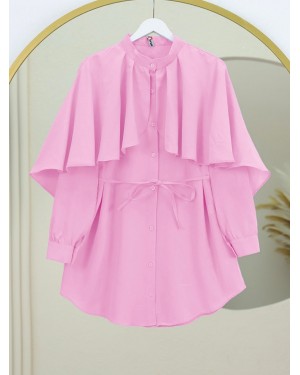 Dik Yaka Pelerin Detaylı Poplin Gömlek -Pembe