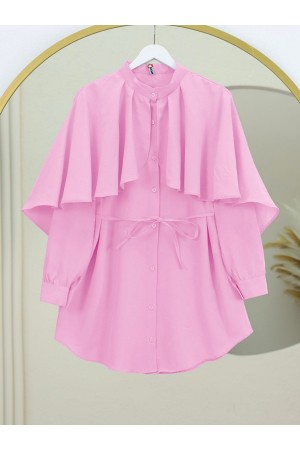 قميص بوبلين مع تفاصيل عباءة وياقة قائمة -وردي