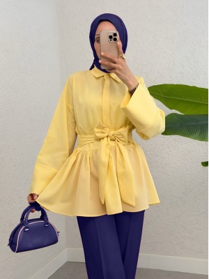 Yarım Düğmeli Beli Bağlamalı Yanı Fermuarlı Tunik -Sarı