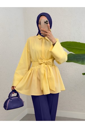 Half Buttoned Waist Tie Side Zipper Tunic -Yellow