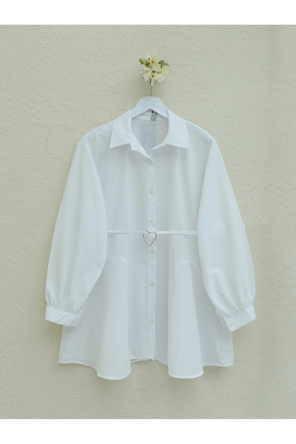 Parça Kumaşlı Düğmeli Poplin Tunik -Beyaz