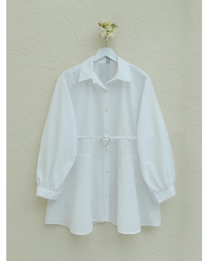 Parça Kumaşlı Düğmeli Poplin Tunik -Beyaz