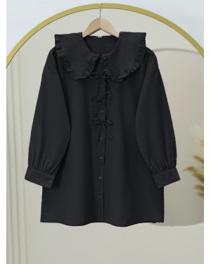 Önü Fiyonk Detaylı Bebe Yaka Poplin Gömlek      -Siyah