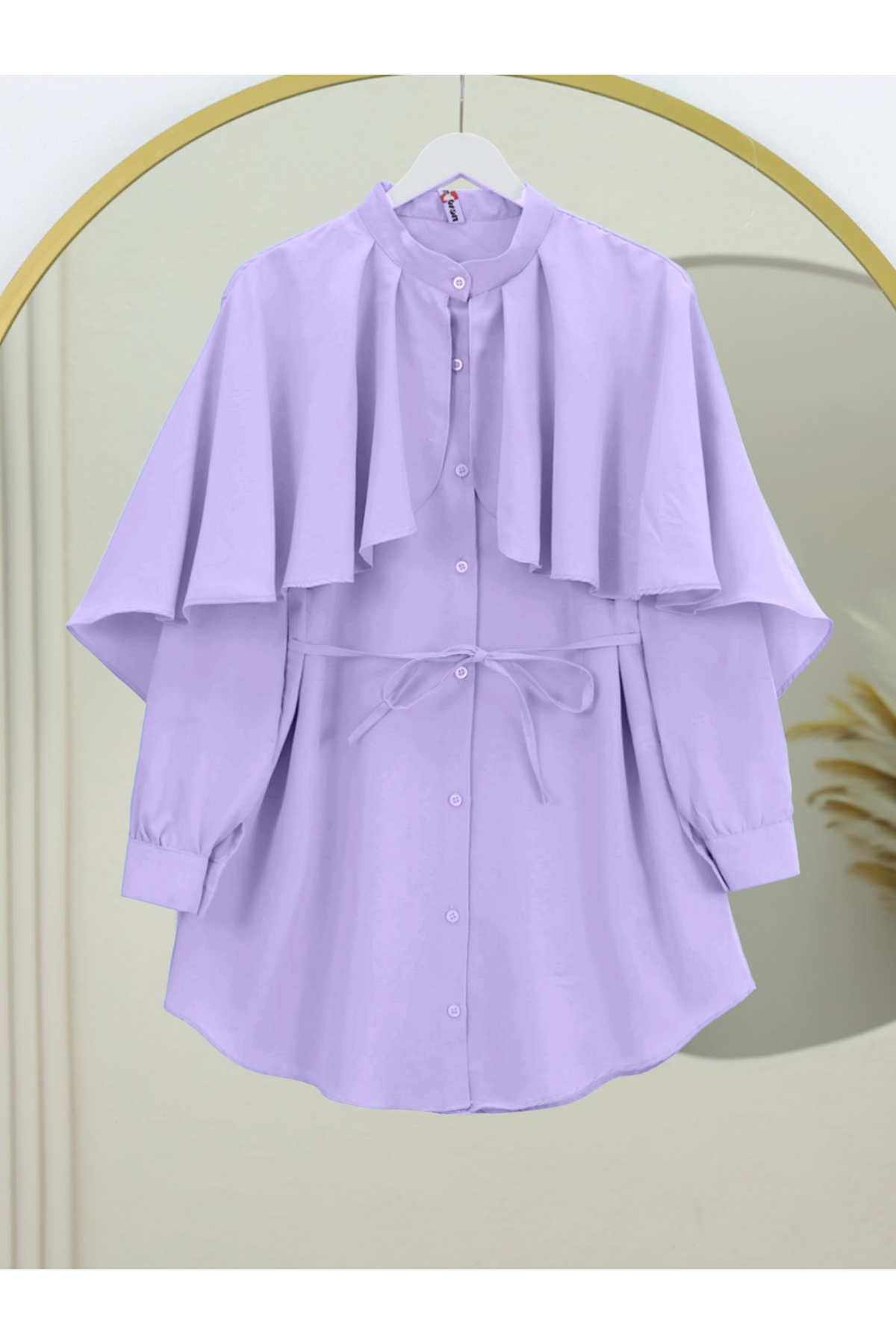 Poplin Shirt with Stand Collar Cape Detail -Lilac