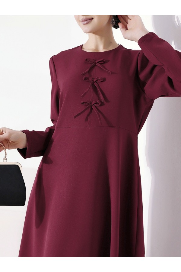 Ribbon Detailed Imported Crepe Dress -Maroon