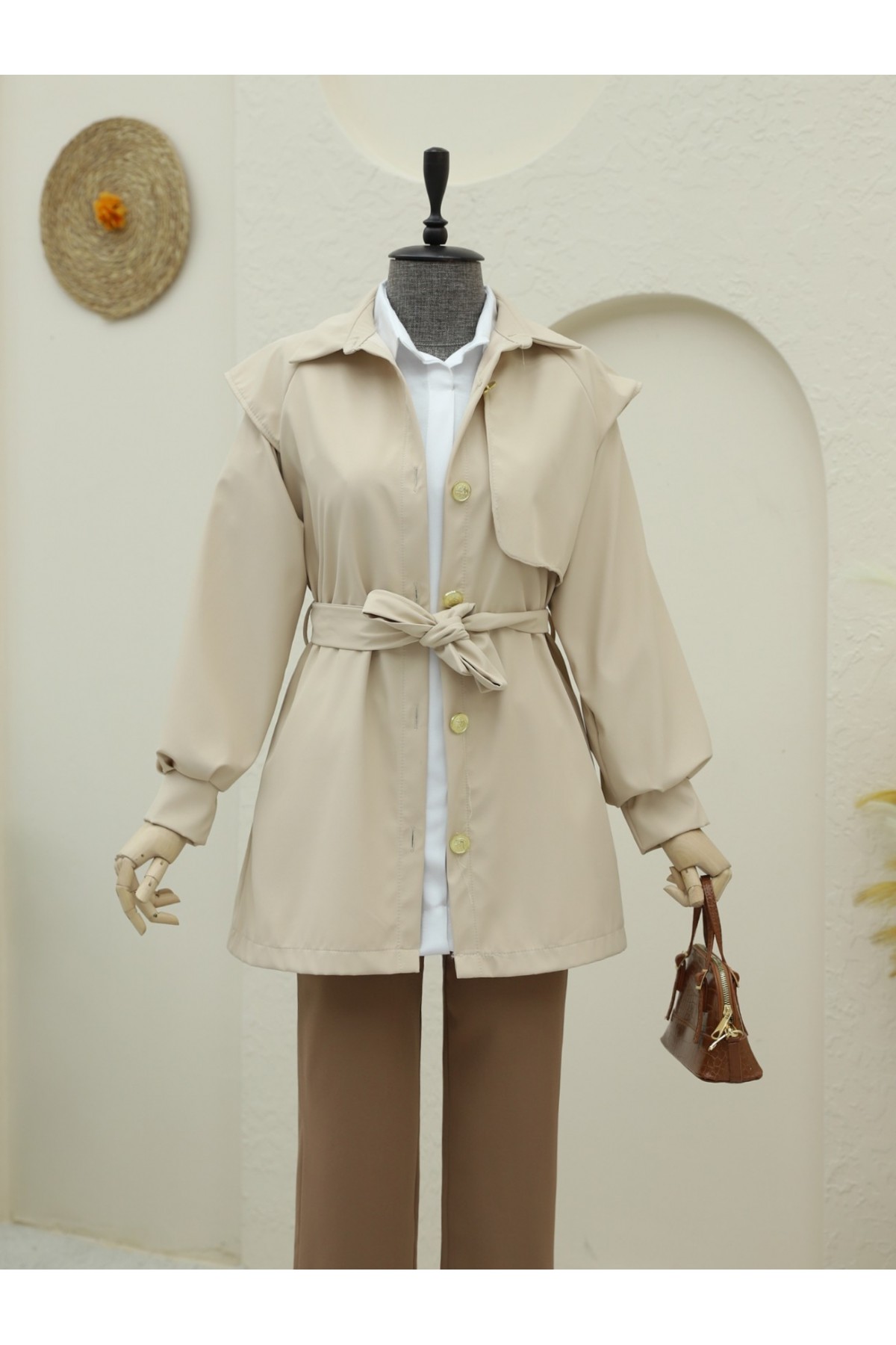 Double-Buttoned Belted Trench Coat with Brooch Buttons - Beige