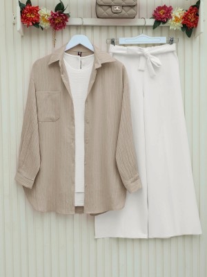 Tek Cepli Düğmeli Yakalı Krinkıl Gömlek -Bej