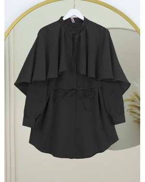 Poplin Shirt with Stand Collar Cape Detail -Black