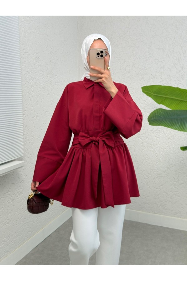Yarım Düğmeli Beli Bağlamalı Yanı Fermuarlı Tunik -Bordo