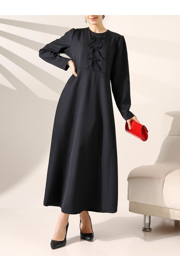 Ribbon Detailed Imported Crepe Dress -Black