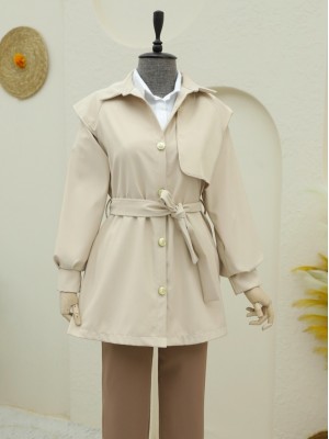 Double-Buttoned Belted Trench Coat with Brooch Buttons - Beige