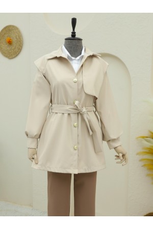 معطف واقٍ من المطر بحزام مزدوج وأزرار بروش -اللون البيج