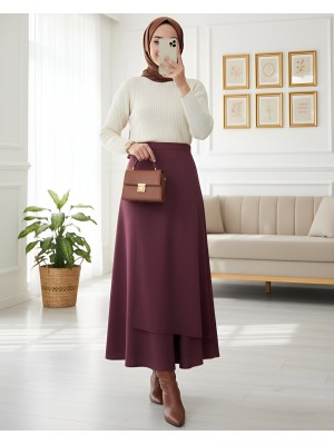 Önü Çapraz Çift Katlı Scuba Etek -Bordo