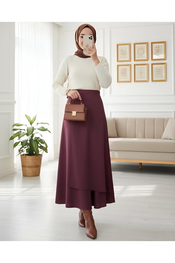 Cross Front Double Layer Scuba Skirt -Maroon