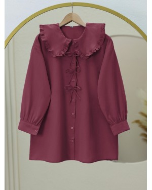 Önü Fiyonk Detaylı Bebe Yaka Poplin Gömlek  -Bordo