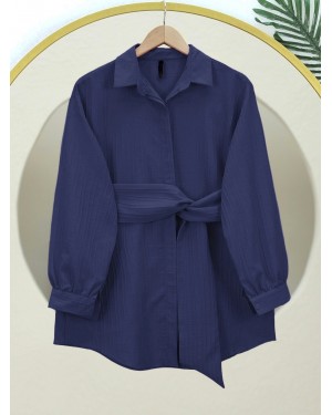 Fitted Crinkle Shirt with Waist Tie   -Navy blue