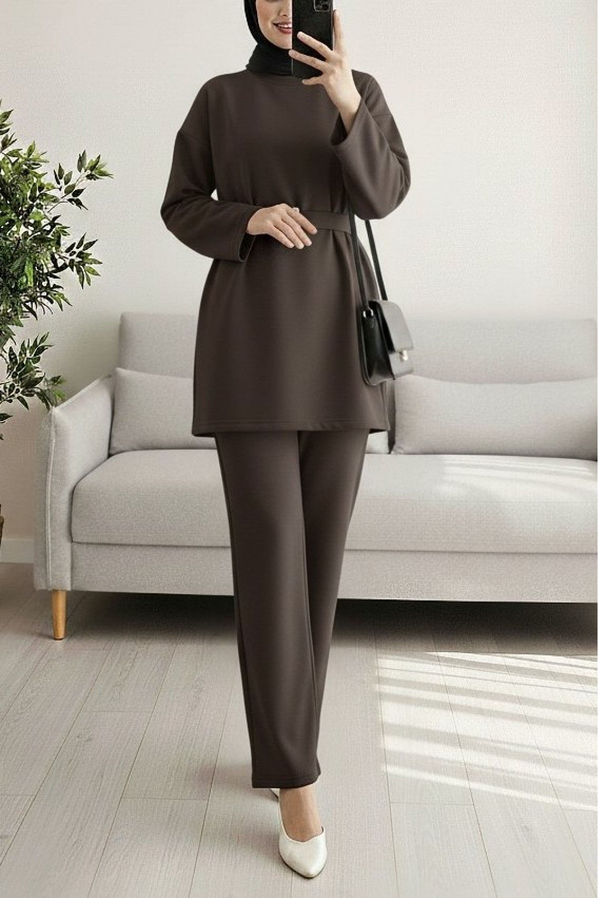 Round Neck Belted Scuba Suit -Dark Coffee