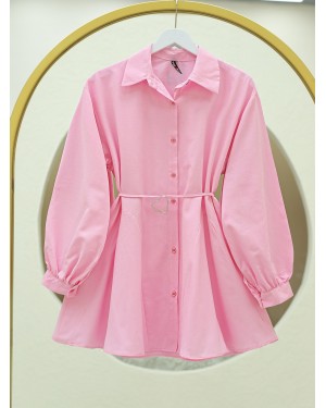 Parça Kumaşlı Düğmeli Poplin Tunik -Pembe