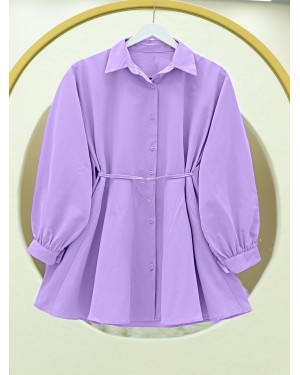 Parça Kumaşlı Düğmeli Poplin Tunik  -Lila