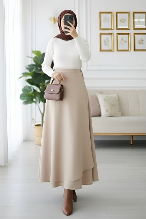 Cross Front Double Layer Scuba Skirt - Beige