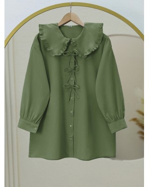 Önü Fiyonk Detaylı Bebe Yaka Poplin Gömlek  -Haki