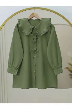 Önü Fiyonk Detaylı Bebe Yaka Poplin Gömlek  -Haki