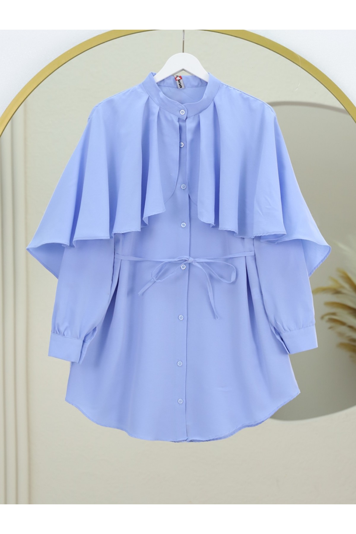 Poplin Shirt with Stand Collar Cape Detail -Baby Blue