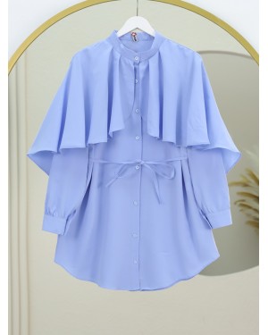 Dik Yaka Pelerin Detaylı Poplin Gömlek -Bebe Mavi
