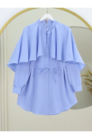 Dik Yaka Pelerin Detaylı Poplin Gömlek -Bebe Mavi