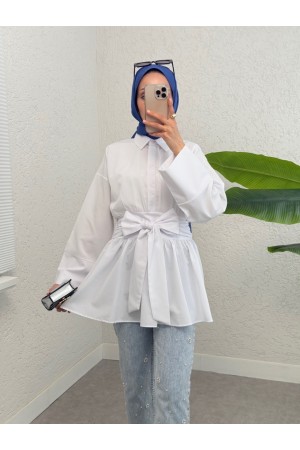 Half Buttoned Waist Tie Side Zipper Tunic -White