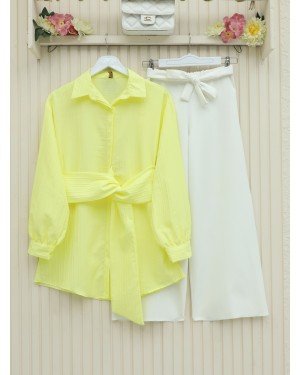 Fitted Crinkle Shirt with Waist Tie     -Light yellow
