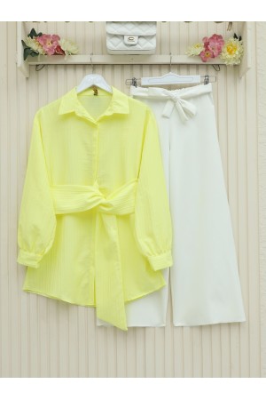 Belden Bağlamalı Fitlli Krinkıl Gömlek     -Açık Sarı