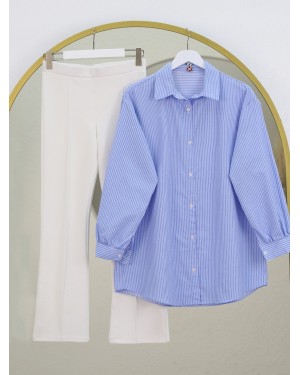 Striped Shirt with Sprinkled Stone Detail -Blue