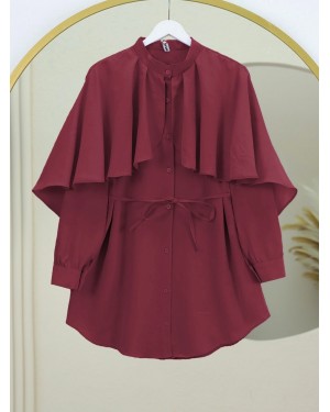 Dik Yaka Pelerin Detaylı Poplin Gömlek -Bordo