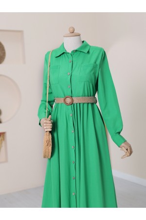 Button Down Belted Shirt Dress -Green